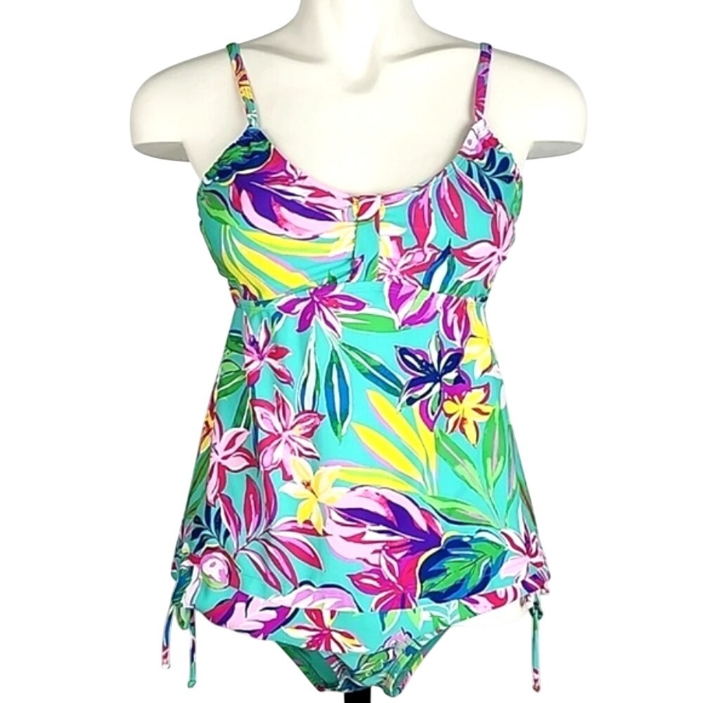 NWT Stella Parker Women's Multi Floral Tiered Tankini Set Teal Medium